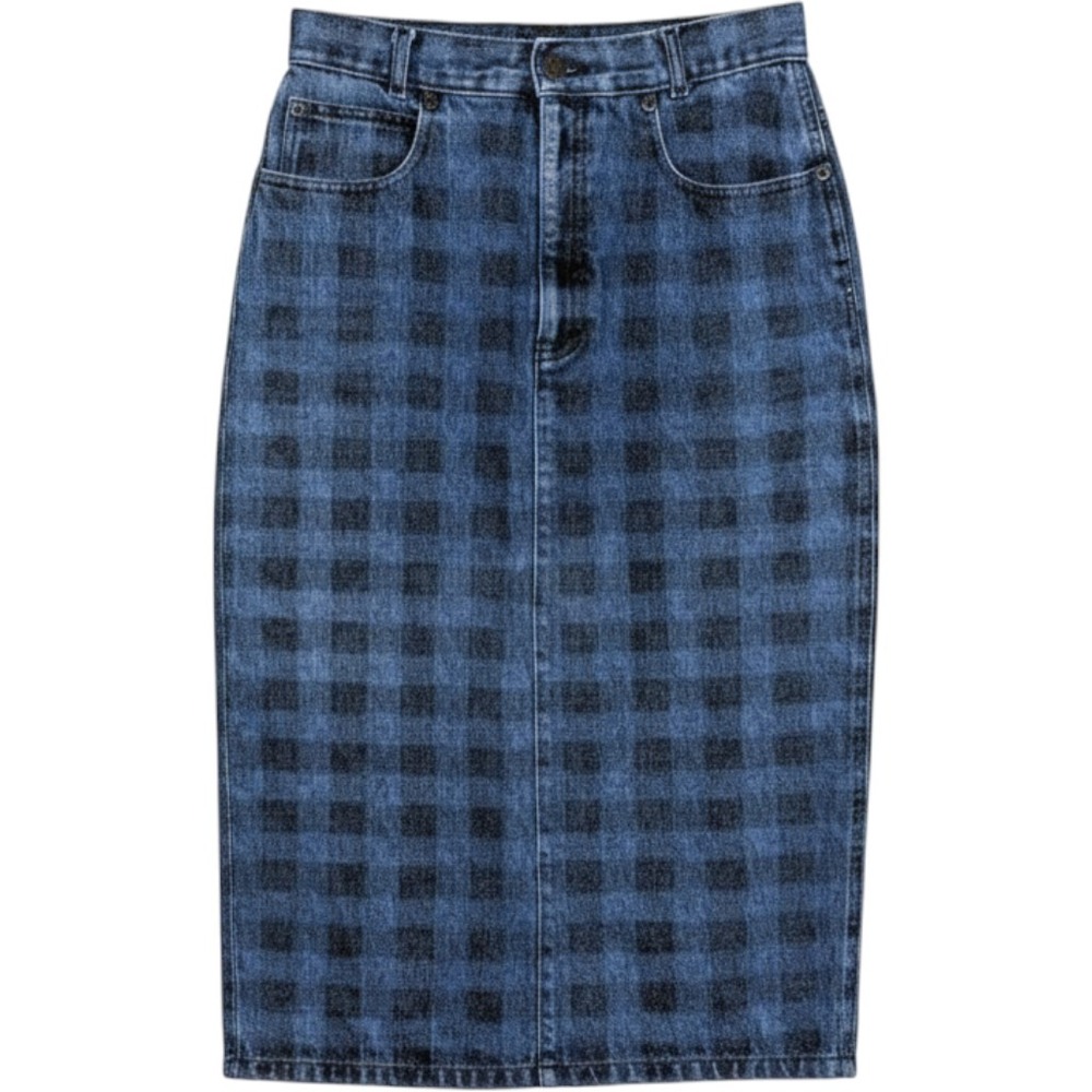 Vtg Calvin Klein Plaid Denim Midi Skirt Blue Black Check Made in USA Size 26"